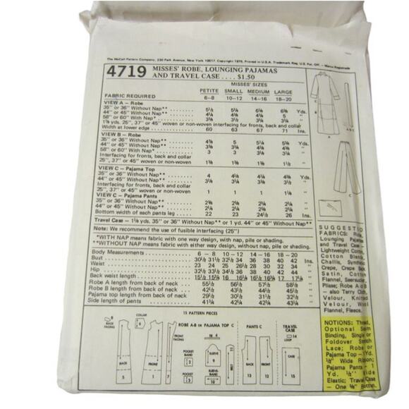 1970s McCall’s 4719 Sewing Pattern Robe Pajamas Travel Case Size 12 Vintage - Picture 4 of 4
